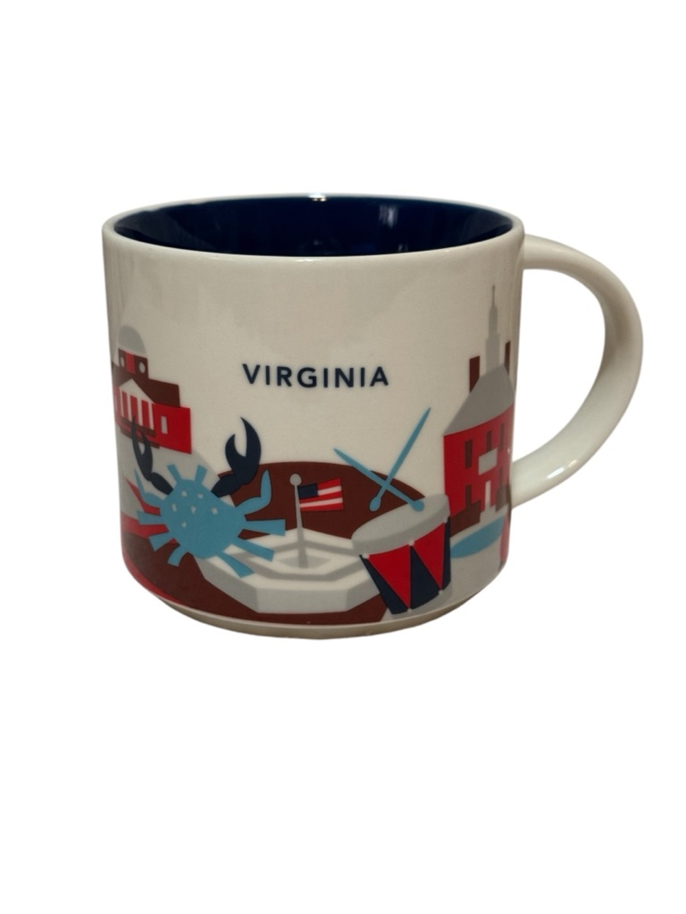 Starbucks Virginia Mug - White Exterior with Navy Interior and Red/Blue Artwork